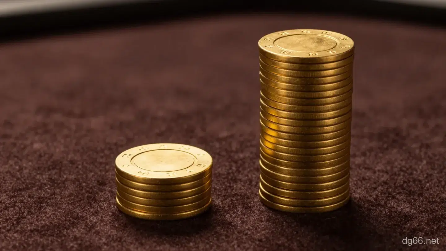 深棕色絨布上並排兩疊素面金色籌碼,左邊那疊很矮、右邊那疊高出許多,暖金側光