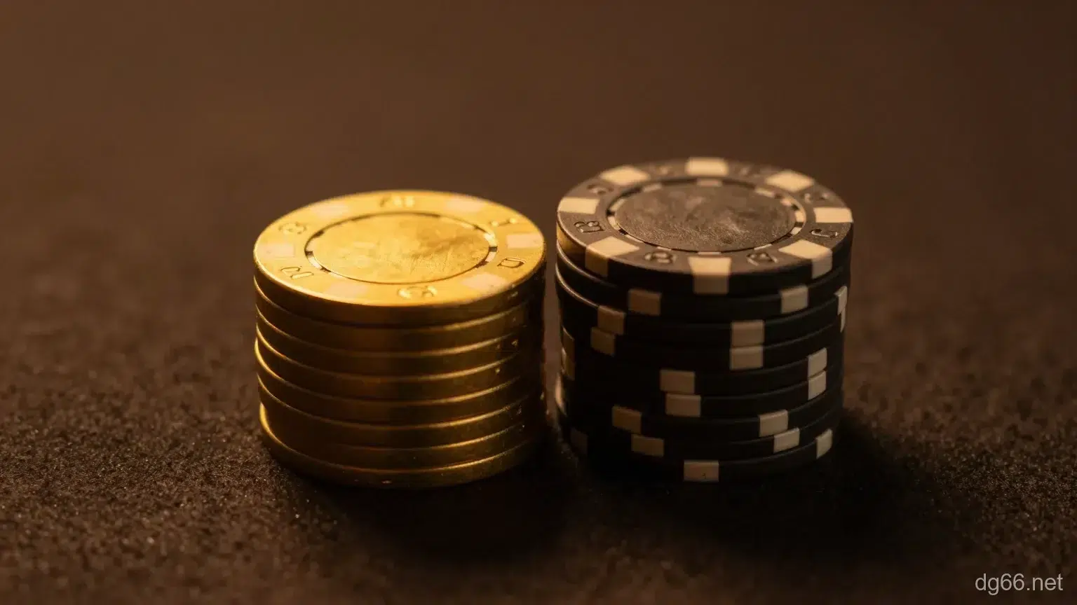 金色與黑色籌碼各一疊放在深棕色桌布上