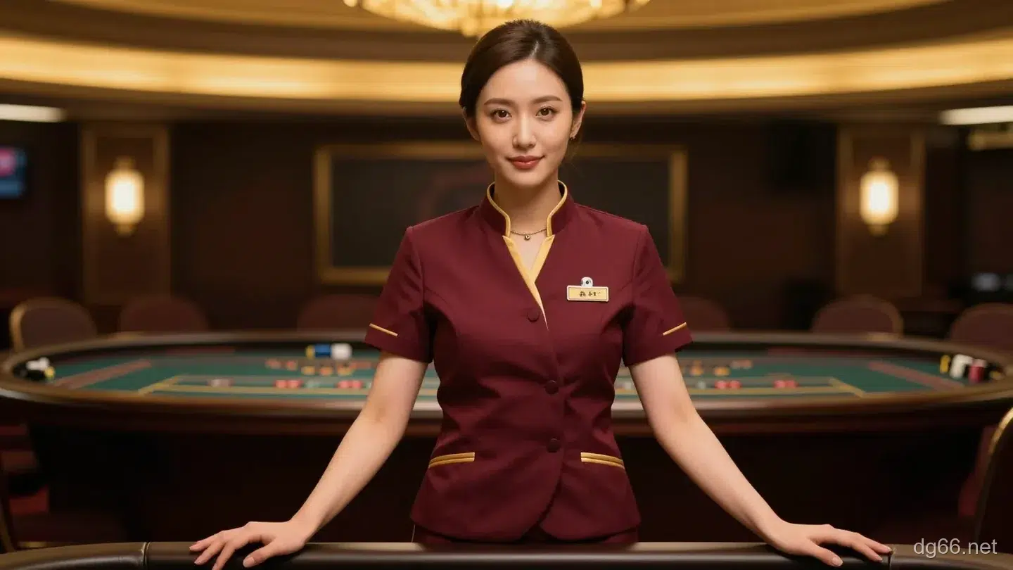 身穿酒紅色金邊制服的女荷官站在暗色木質金飾賭場空間中,神情自然看著鏡頭