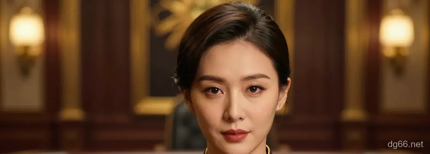 身穿酒紅金色制服的女性荷官在暖金色燈光的深色木質賭場空間中正面注視鏡頭