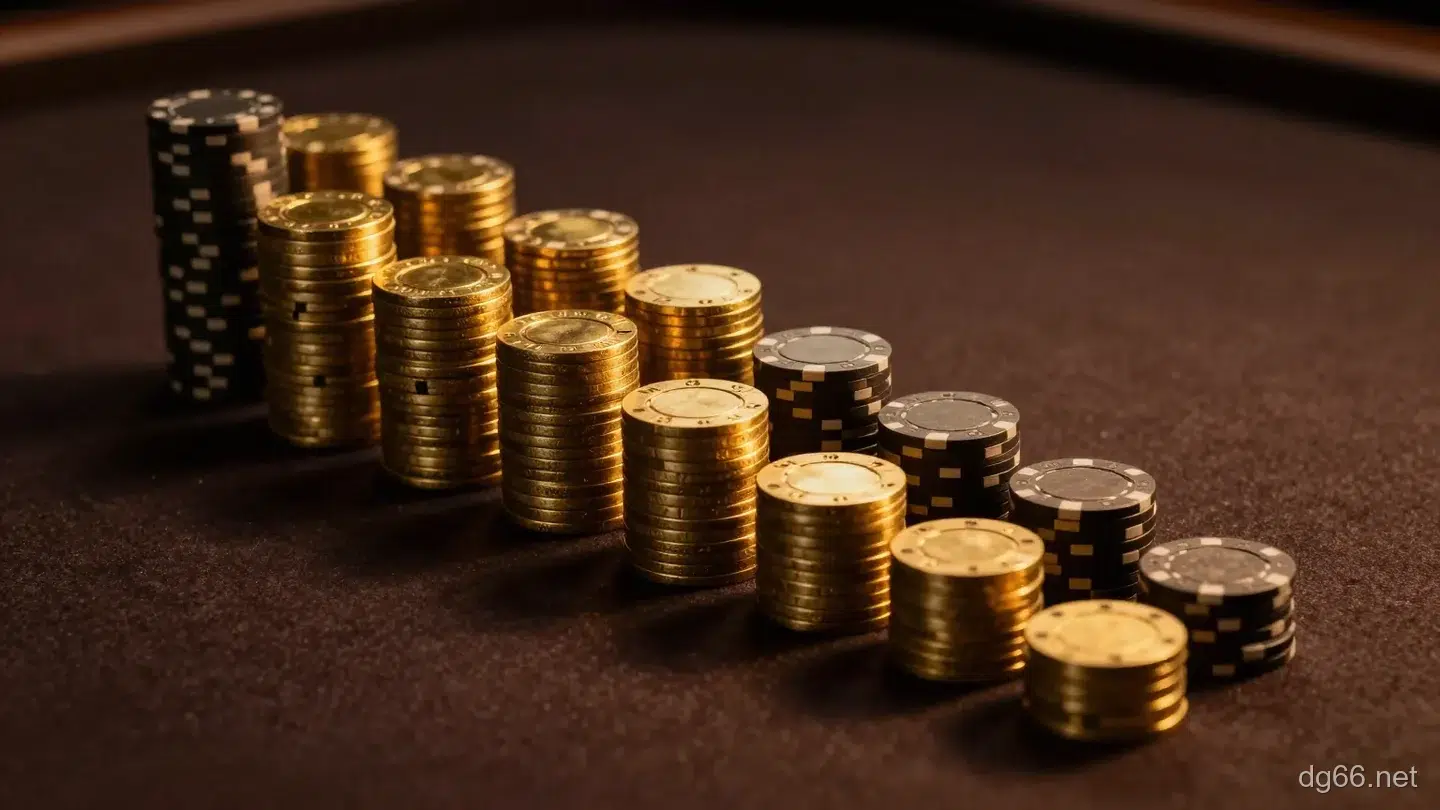 深棕桌布上由高到低排成階梯狀的金色與黑色籌碼堆