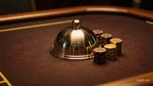 骰寶桌上的金屬蓋盅蓋著三顆骰子,旁邊放著幾疊深棕與金色籌碼